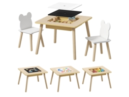 Conjunto de mesa e 2 cadeiras infantis de madeira com compartimentos e tampo quadrado preto removível de 60x60x44 cm em tons naturais e brancos.