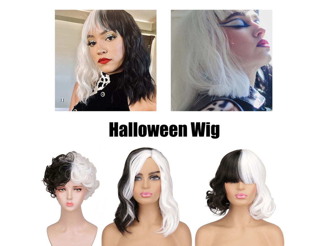 Peruca curta ondulada preta e branca para cosplay Halloween mulheres S/MARCA