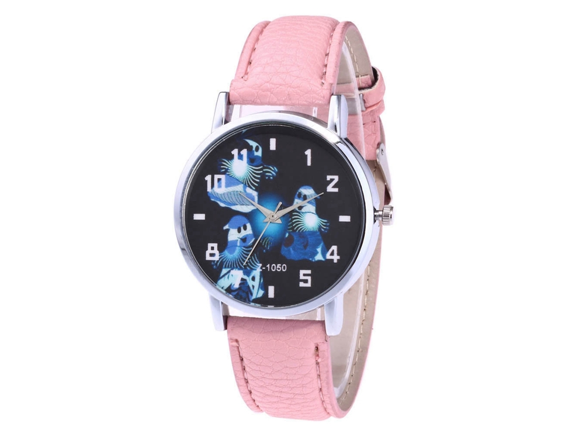 Relógio de casal casual com pulseira de PU, estampa fofa de Halloween, quartzo rosa.
