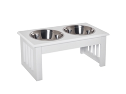 Comedouro elevado para cães com suporte e 2 tigelas de aço inox 44x24x15 Cm branco MARCA