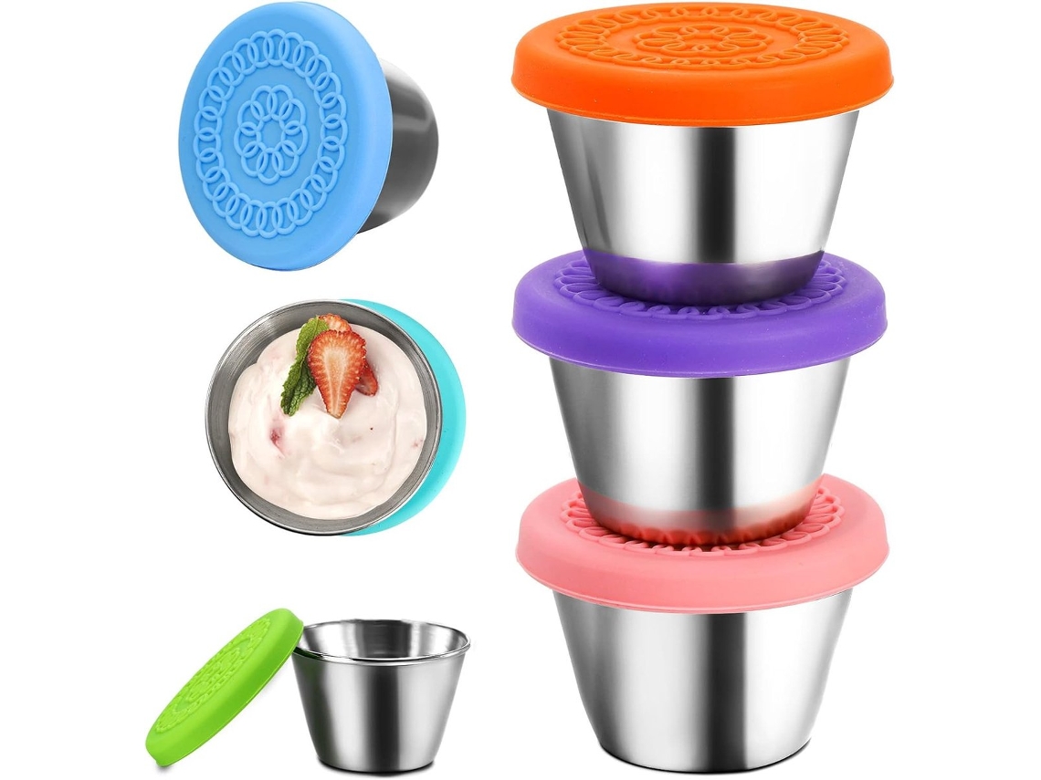 Conjunto de 6 potes de aço inoxidável temperado com garrafas térmicas de silicone para vazamentos, 70 ml (2,4 oz), multicoloridos.
