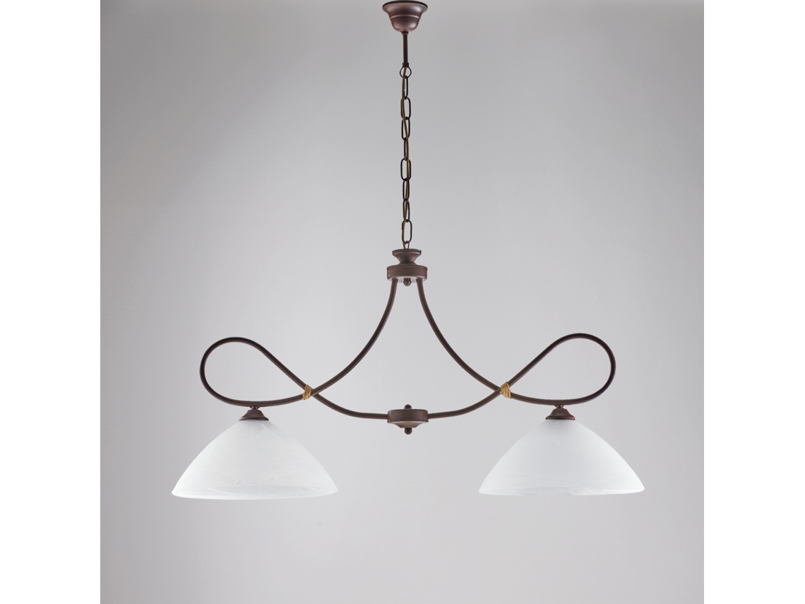 Dallas Lustre Em Ferro Laqueado Preto Com Deco Efeito Ferrugem E Acabamento Em Ouro Antigo Com Difusores De Vidro D. 13 Alabastro Branco 2 Luzes Belight