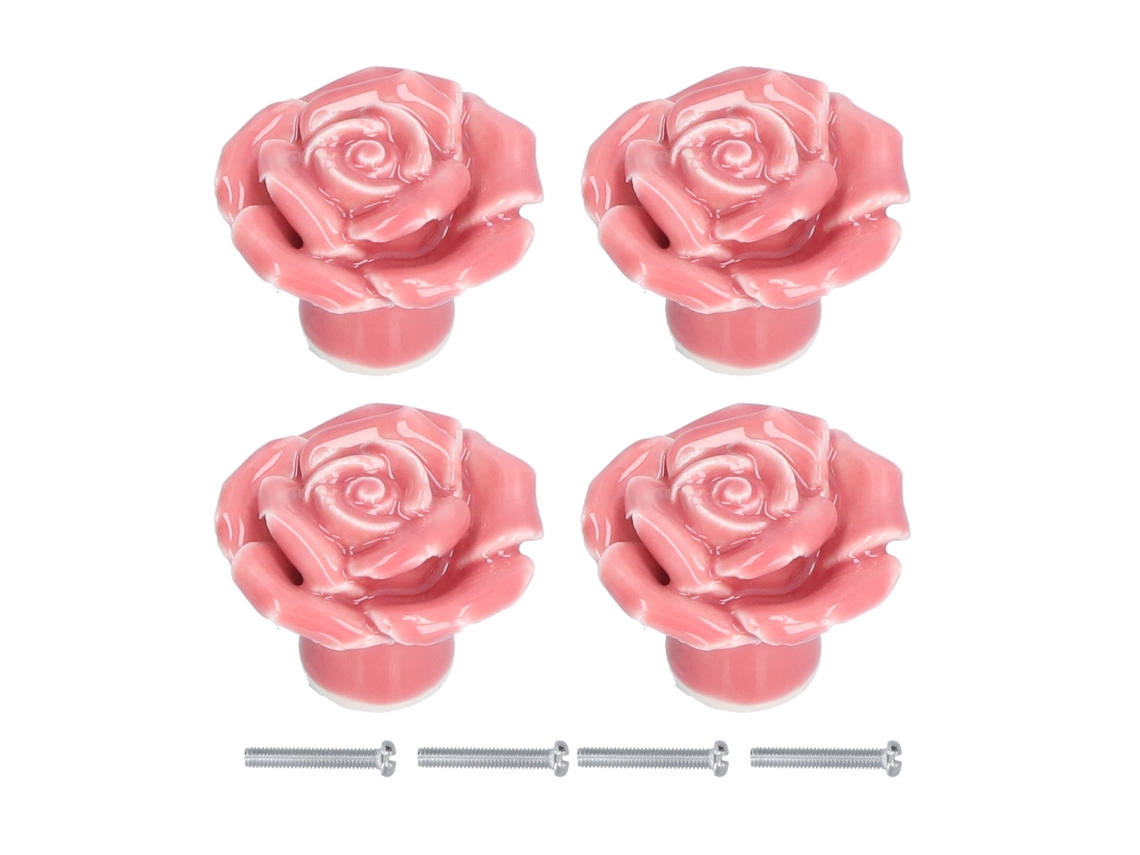 Primerox 4 Conjuntos Alças de Armário Cerâmico em Forma de Rosa Moderno para Casa Sala Quarto Rosa