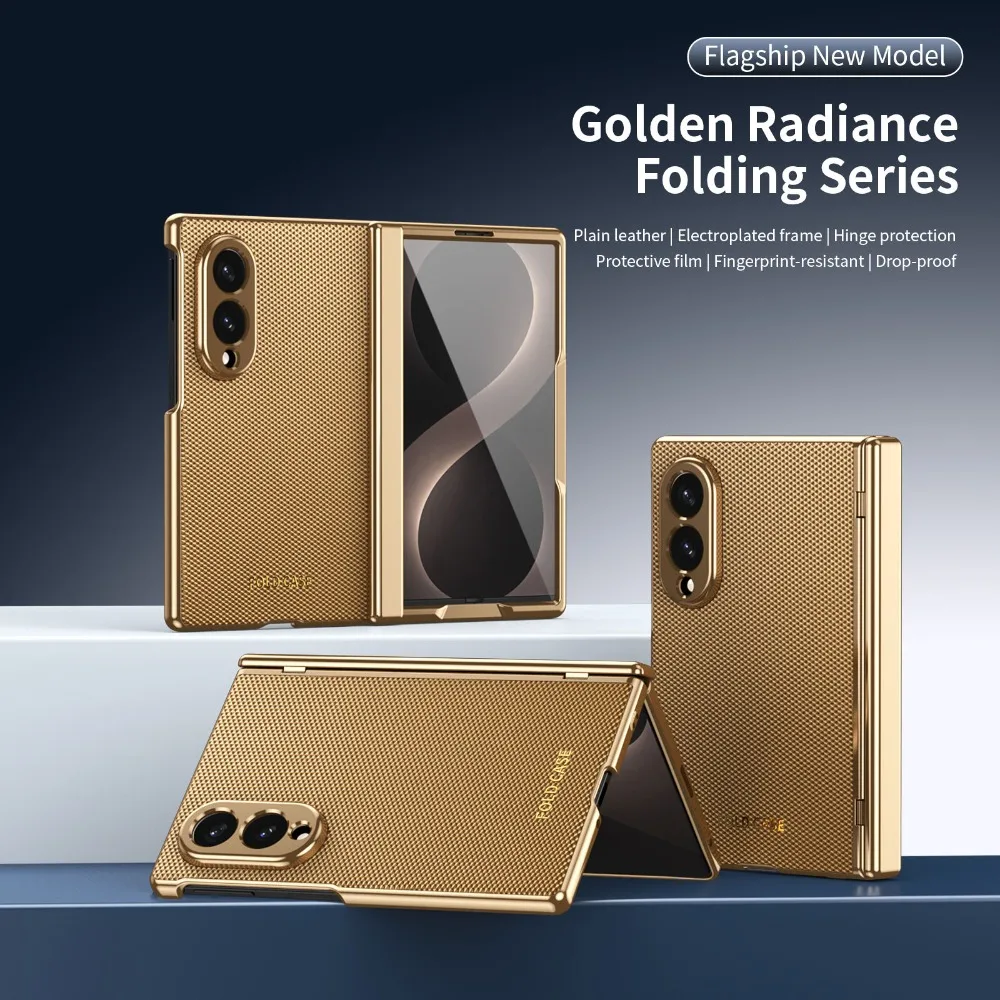(dourado, Galaxy Z Fold5) Capa De Celular Luxuosa Em Couro Genuíno Com Padrão De Diamante E Película Protetora De Cobertura Total.