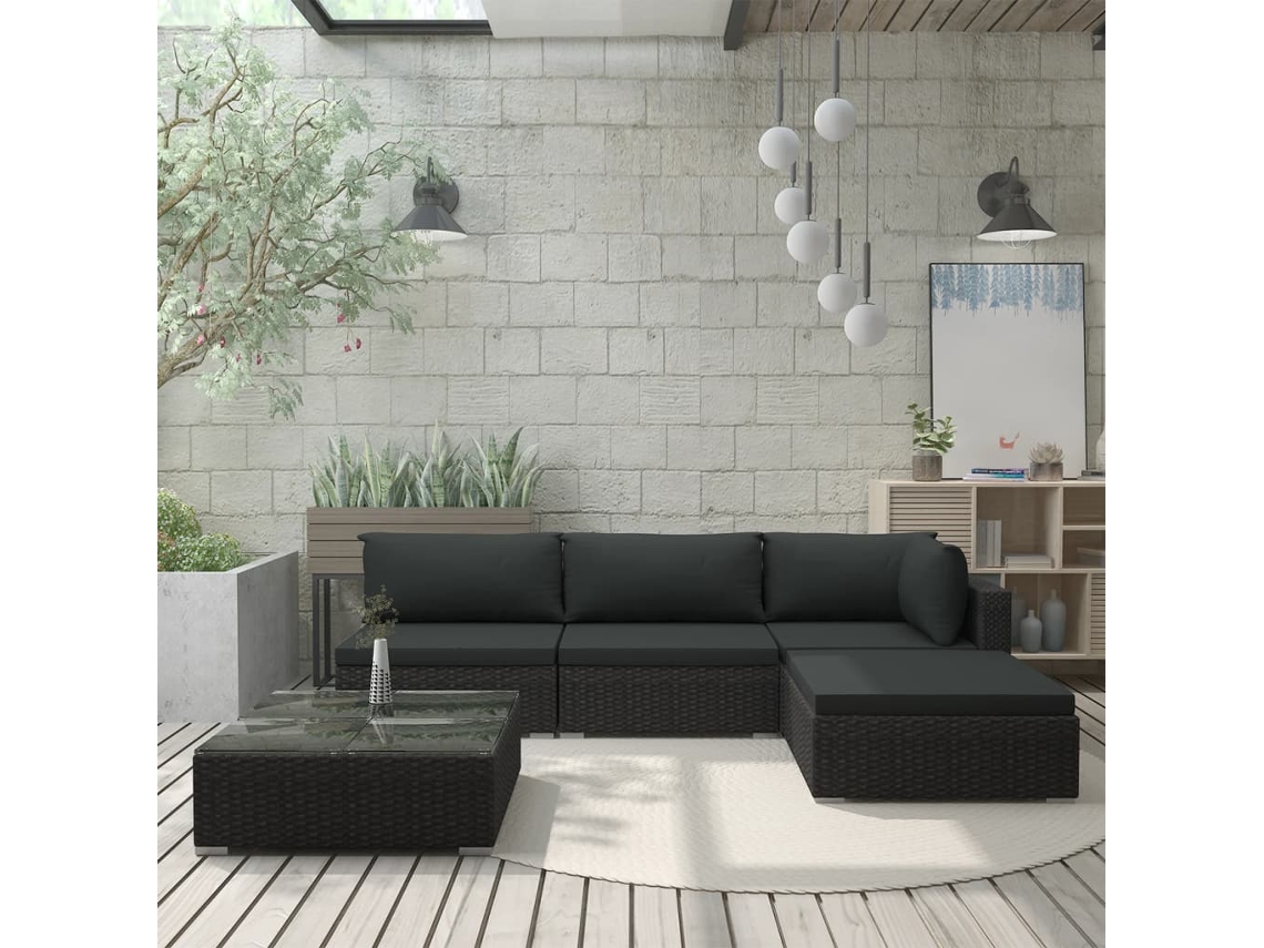 Vidaxl 5 Pcs Conjunto Lounge De Jardim C/ Almofadões Vime Pe Preto