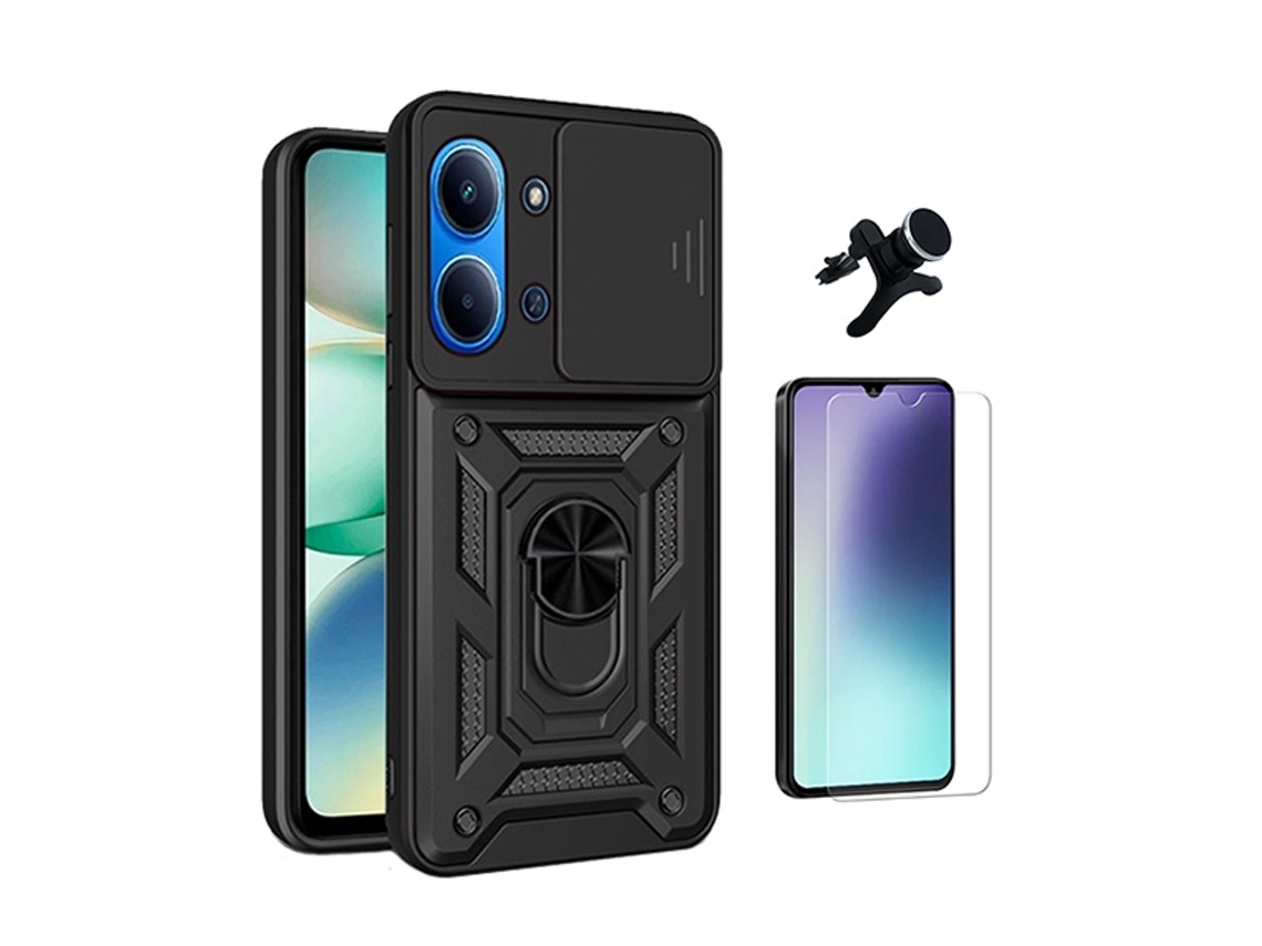 Kit Vidro Clearglass Capa Magnetic Slide Window Suporte Magnético Reforçado Phonecare Para Xiaomi Poco C85 - Preto
