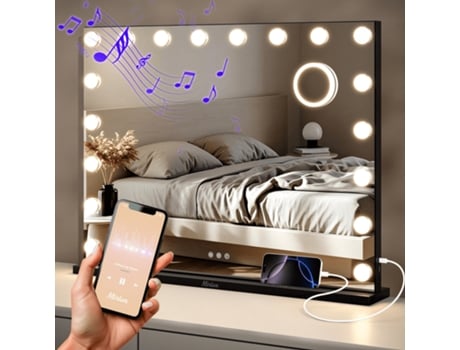 Espelho Hollywood Caixas De Som Bluetooth 80x60cm Preto Espelho De Maquiagem Com Luz Led Mirlux