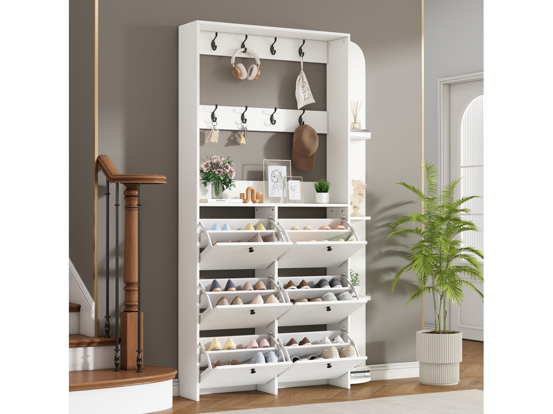 Guarda Roupa Compacto para Hall com Sapateira, 8 Ganchos e 5 Nichos, Design Multifuncional Branco BGA STORE