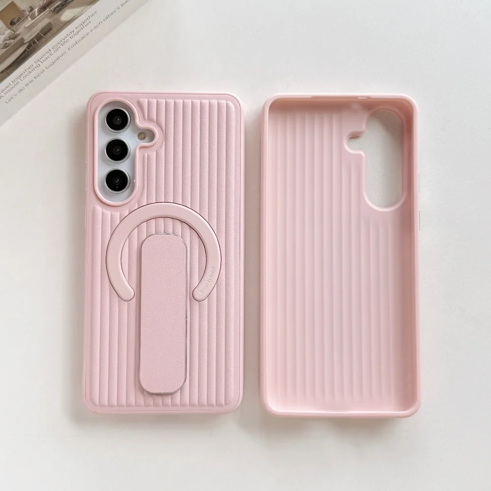 Capa Protetora Magnética De Couro Com Suporte De Anel (rosa Para Galaxy S26 Plus), Estampa De Listras Onduladas.