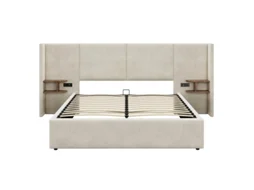 Cama Estofada 160x200 Cm Com Sistema Hidráulico,portas Usb E Tomadas, 2 Mesas De Cabeceira Com Arrumação, Estrado De Madeira, Veludo Bege