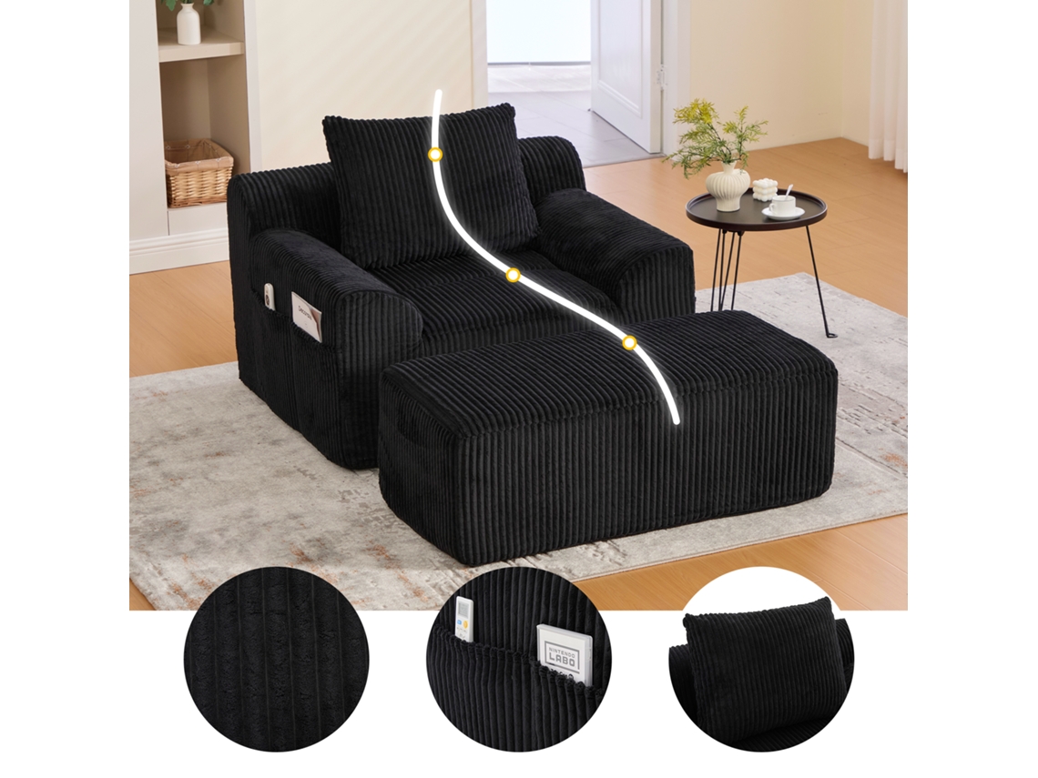 Poltrona Grande Veludo Cotelê Preto, Com Descanso Pés, Bolsos E Almofada. Estofado Macio, Sem Montagem. Ideal Relaxar Ou Ler.