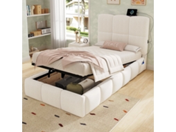 Cama Estofada 90x200 Cm Hidráulica, Base Colchão, Cabeceira Acolchoada, Arrumação, Usb Bege NOVELA