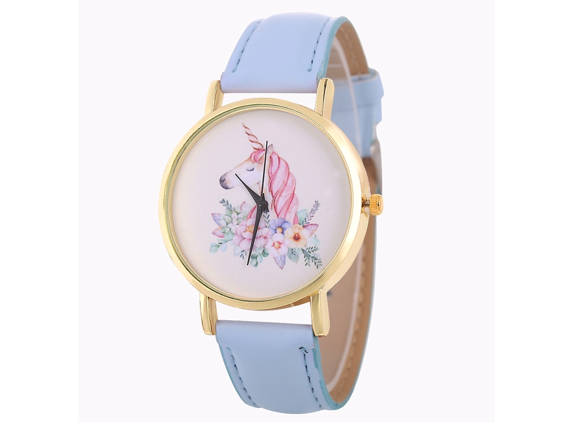 Relógio de pulso feminino casual com movimento de quartzo e pulseira de couro PU azul claro.