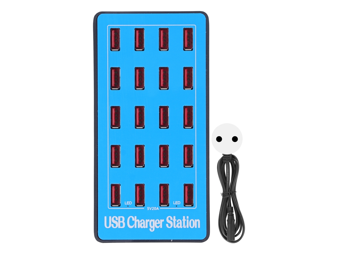 Estação de carregamento rápido USB de alta potência com 20 portas para dispositivos com visor LED.