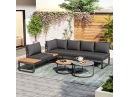 Conjunto De Móveis De Jardim (4-5 Lugares) Com 2 Mesas Empilháveis, Estrutura De Ferro Galvanizado, Almofadas Cinzas Incluídas E Pés Ajustáveis.