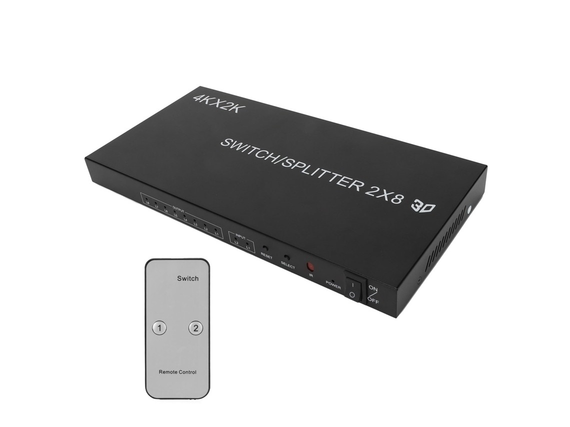 2x8 Hd Multimedia Switcher, 4kx2k Splitter With Ir Remote Control, Uk Plug.