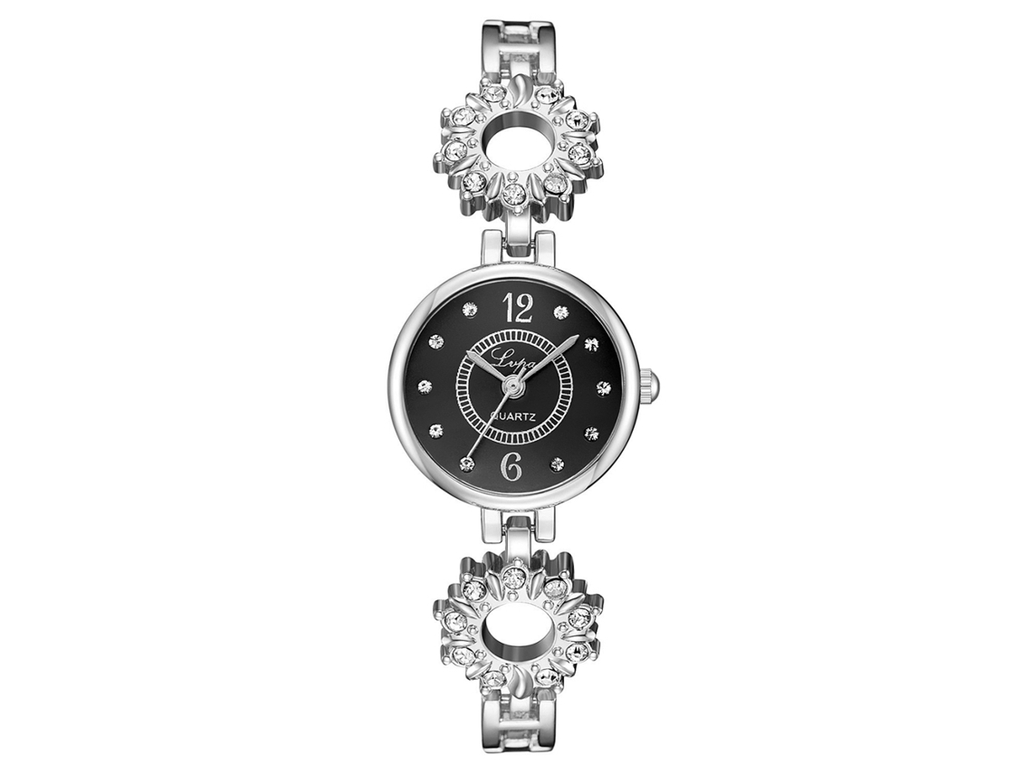Relógio de Pulso Feminino com Pulseira de Liga e Strass Relógio Analógico de Quartzo (prata Preto)