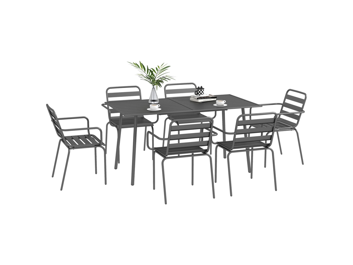 Conjunto De Móveis De Jardim: Sala De Jantar De Jardim De 7 Peças Com 1 Mesa E 6 Cadeiras Empilháveis Em Aço Cinza Escuro
