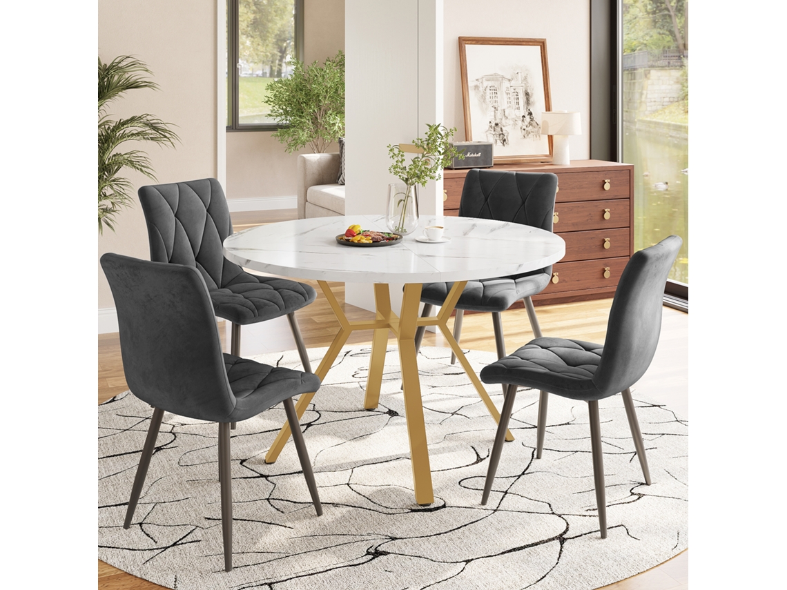 Conjunto De Mesa De Jantar (5 Peças): Tampo Mármore, Pernas Metal Dourado, 4 Cadeiras Ergonômicas Veludo Cinza. Ge
