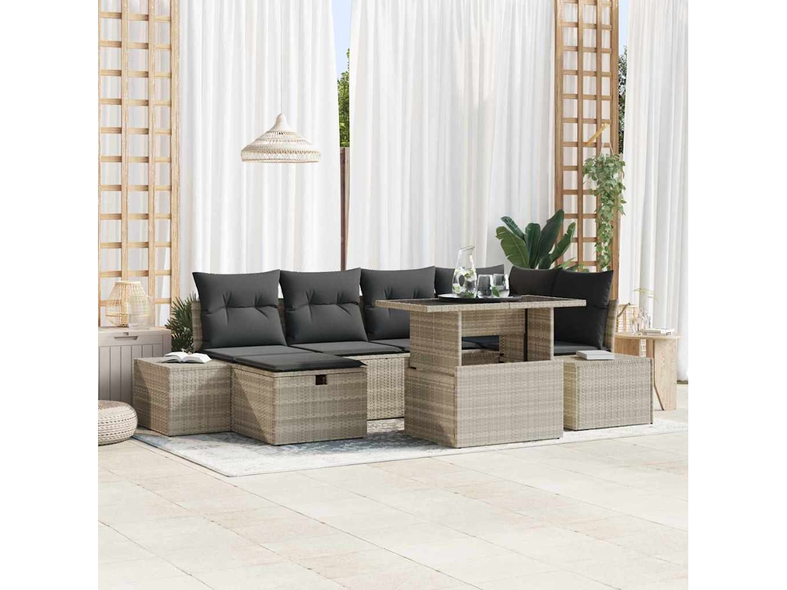 Vidaxl Conjunto De Sofá De Jardim 7 Pcs Cinzento-claro Vime Pe