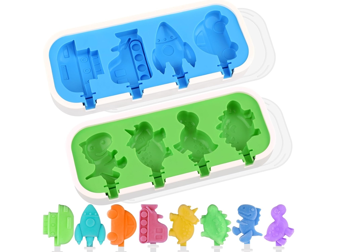 Mini Formas De Picolé Em Silicone Com Paus E Tampafor Matos De Carros, Navios, Comboios, Foguetões E Dinossauros Verde/azul Hexinyigjly