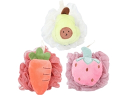 Conjunto de 3 bolas de algodão para banho em formato de frutas, fáceis de usar e com compartimento para guardar.