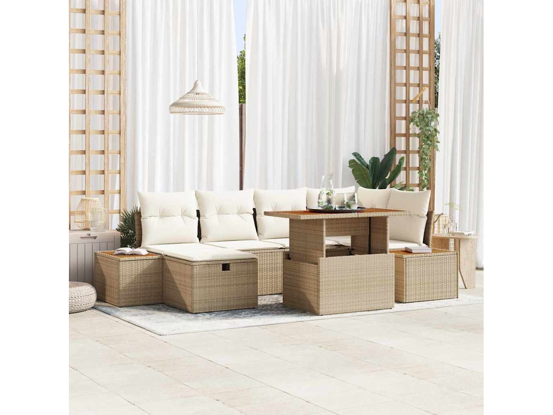 Vidaxl Conjunto De Sofá De Jardim Com Almofada 7 Pcs Bege Vime Pe