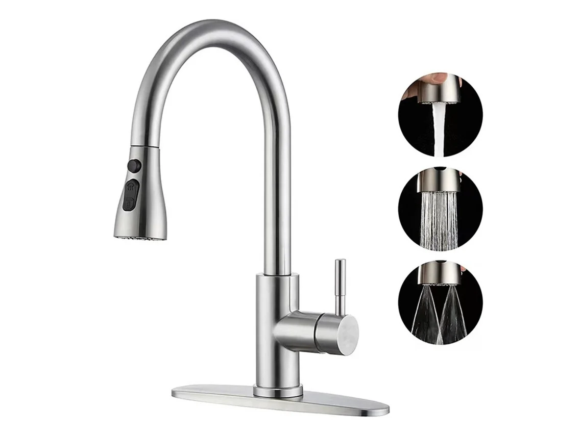 Torneira De Cozinha Extensível Aço Inoxidável 304 Com 3 Modos Água, Giratória 360° E Misturador Quente Frio