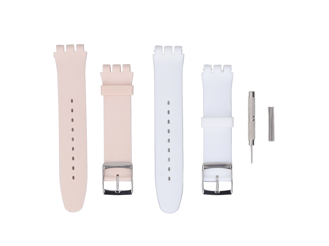 2pcs Pulseira Borracha para Swatch Feminina com Ferramenta e Barras de Mola 19mm Branco Rosa