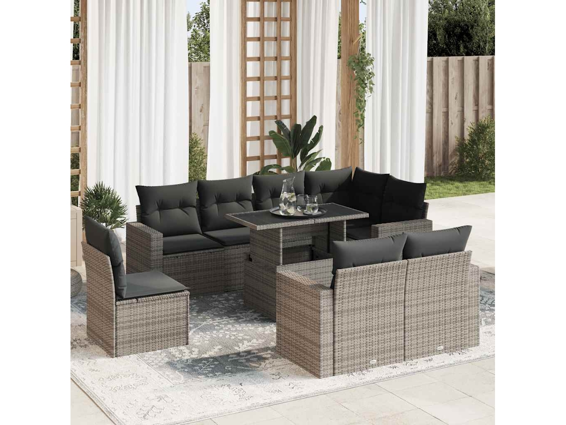 Vidaxl 9 Pcs Conjunto Sofás P/ Jardim Com Almofadões Vime Pe Cinzento