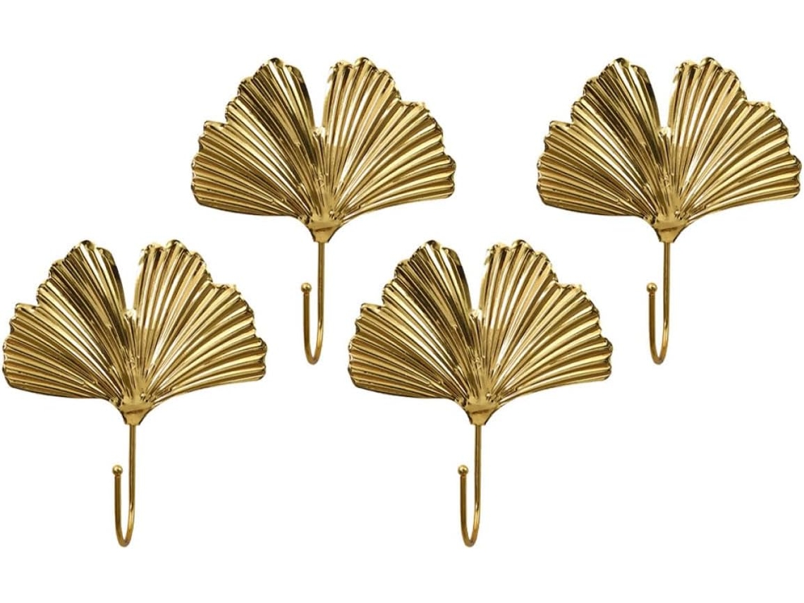 Conjunto de 4 ganchos GOKOCO em metal dourado, estilo folha de ginkgo, multifuncionais