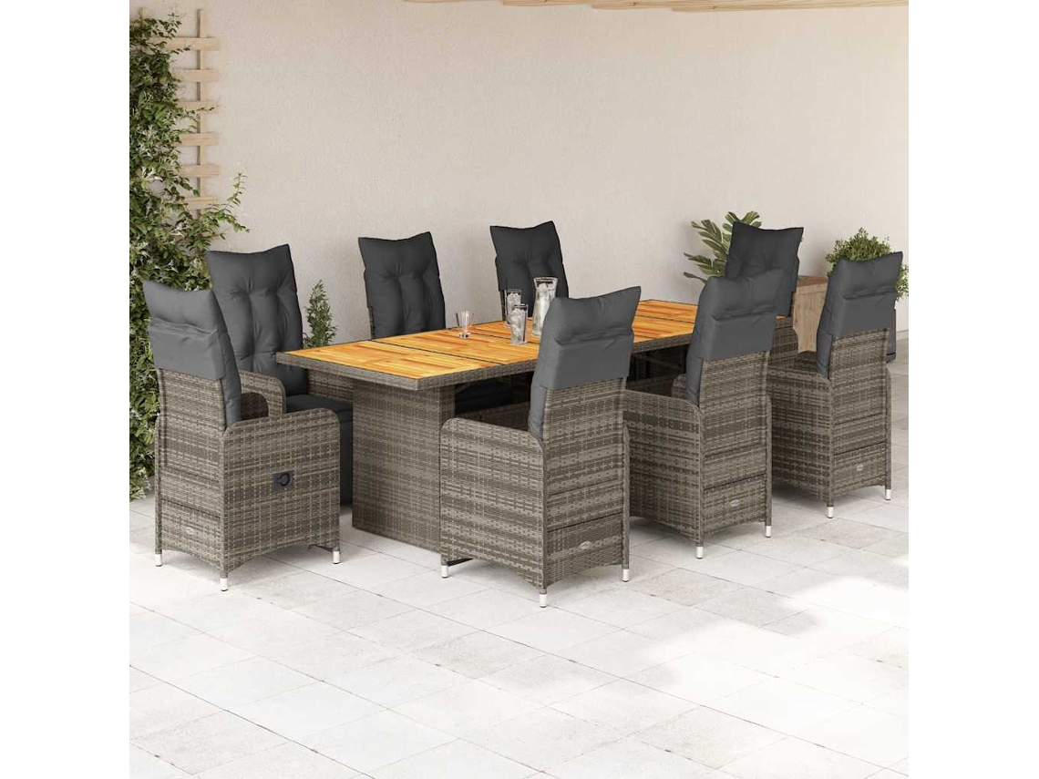 Conjunto 9 Peças Bistrô De Jardim C/ Almofadões Vime Pe Cinzento Dkd Home Decor