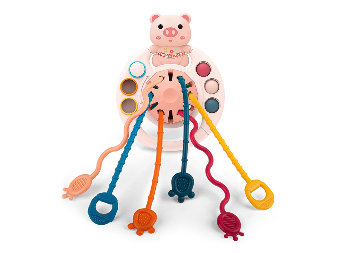 Mali brinquedo Sensorial com Cordão de Puxar para Bebê Desenvolvimento Motor Fino Porco Rosa Silicone