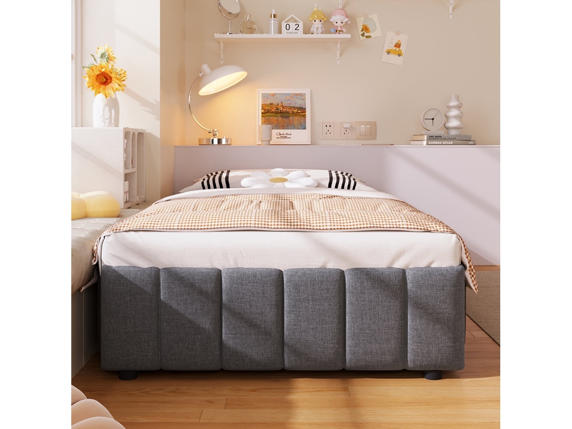 Cama Box Casal 90x200cm Linho, Hidráulica, Baú, Sem Cabeceira, 226kg, Sem Colchão, Cinza KOMHTOM