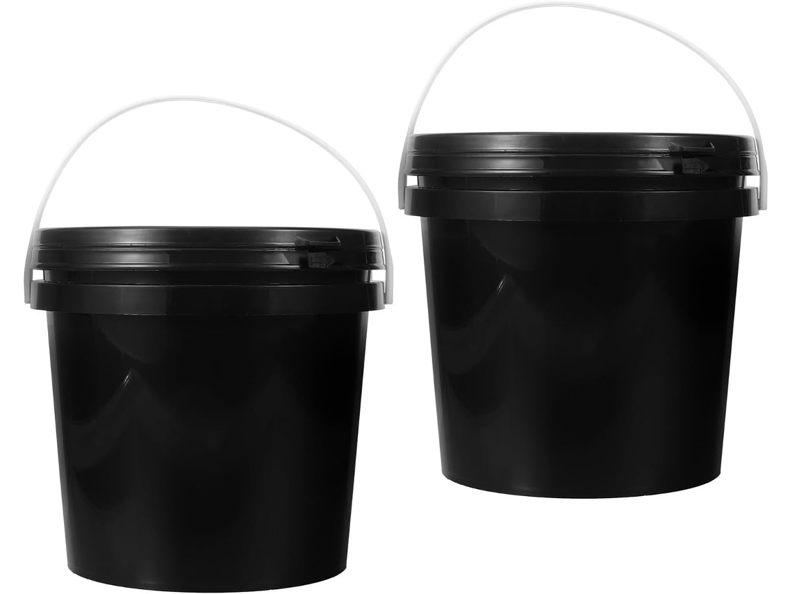 Conjunto De 2 Baldes De Plástico Pretos De 2 Litros Com Tampas, Proteção Uv E