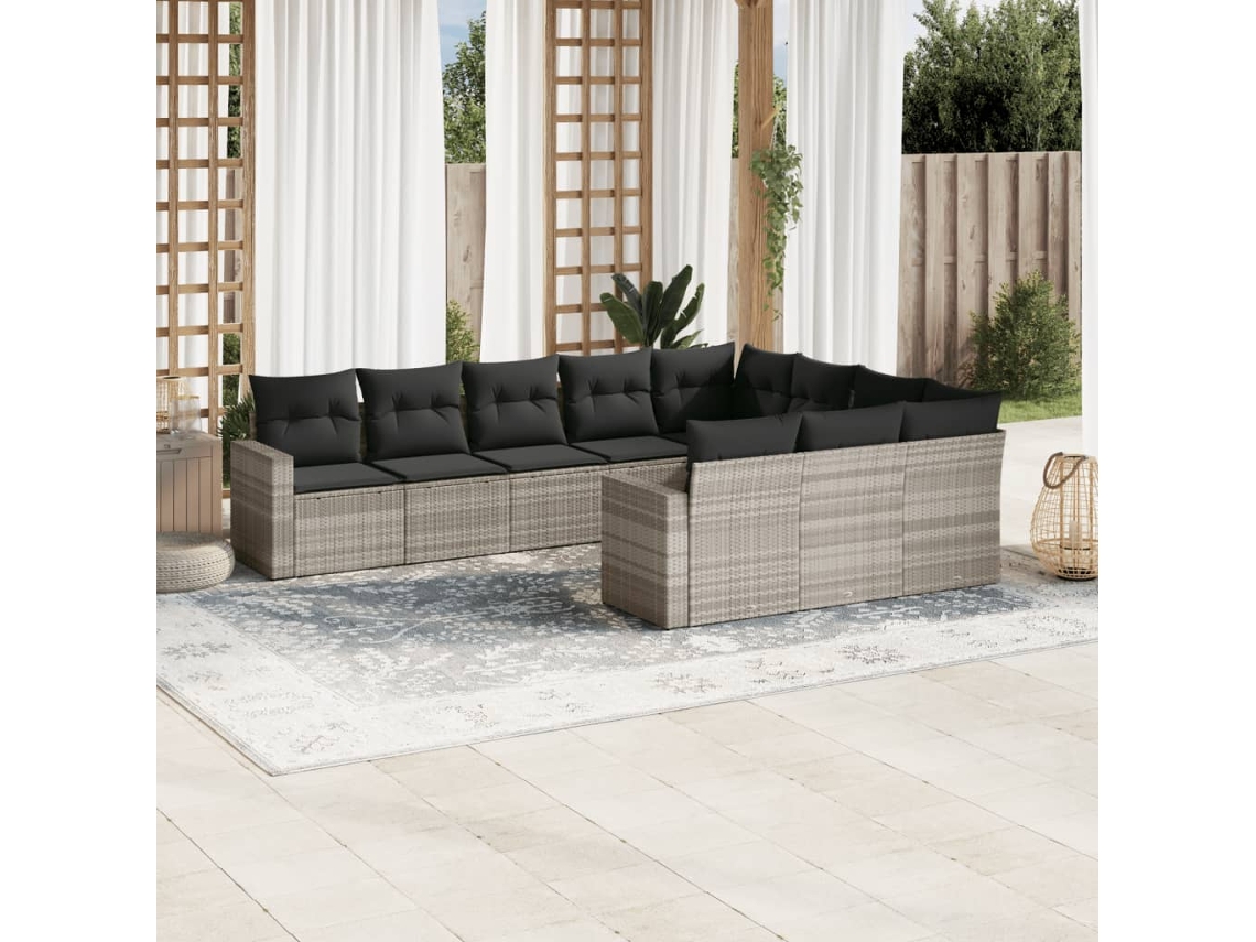 Vidaxl 10 Pcs Conj. Sofás Jardim Com Almofadões Vime Pe Cinzento-claro