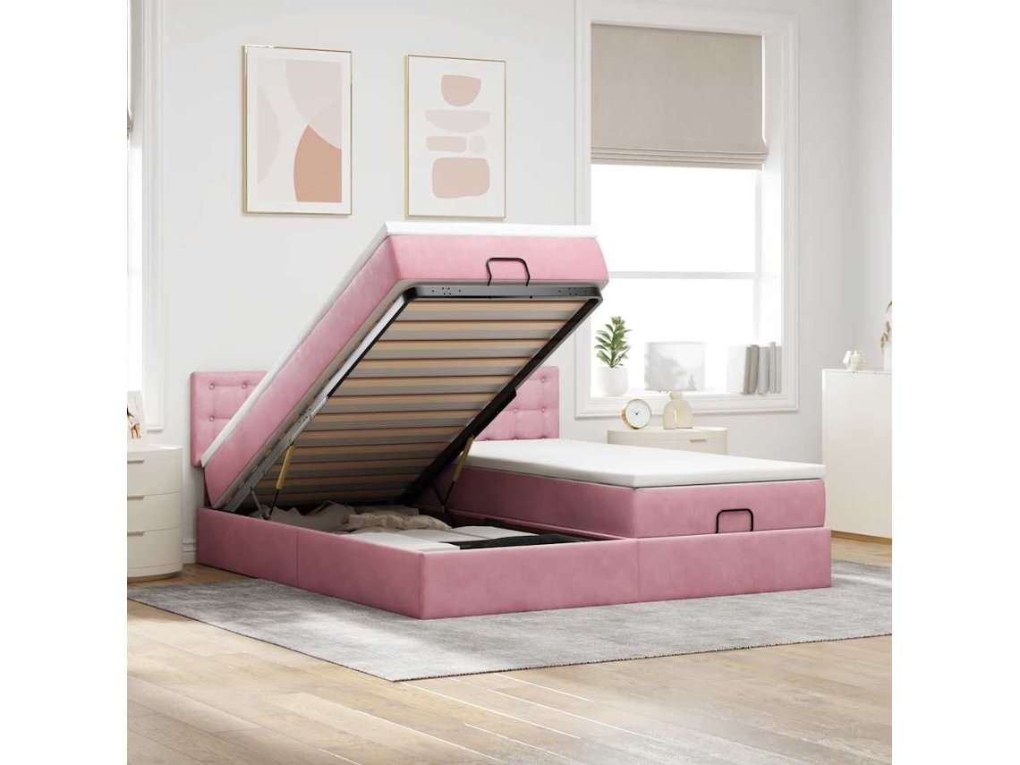 Moldura de Cama Otomana Vidaxl com Colchão Rosa 200x200cm Veludo