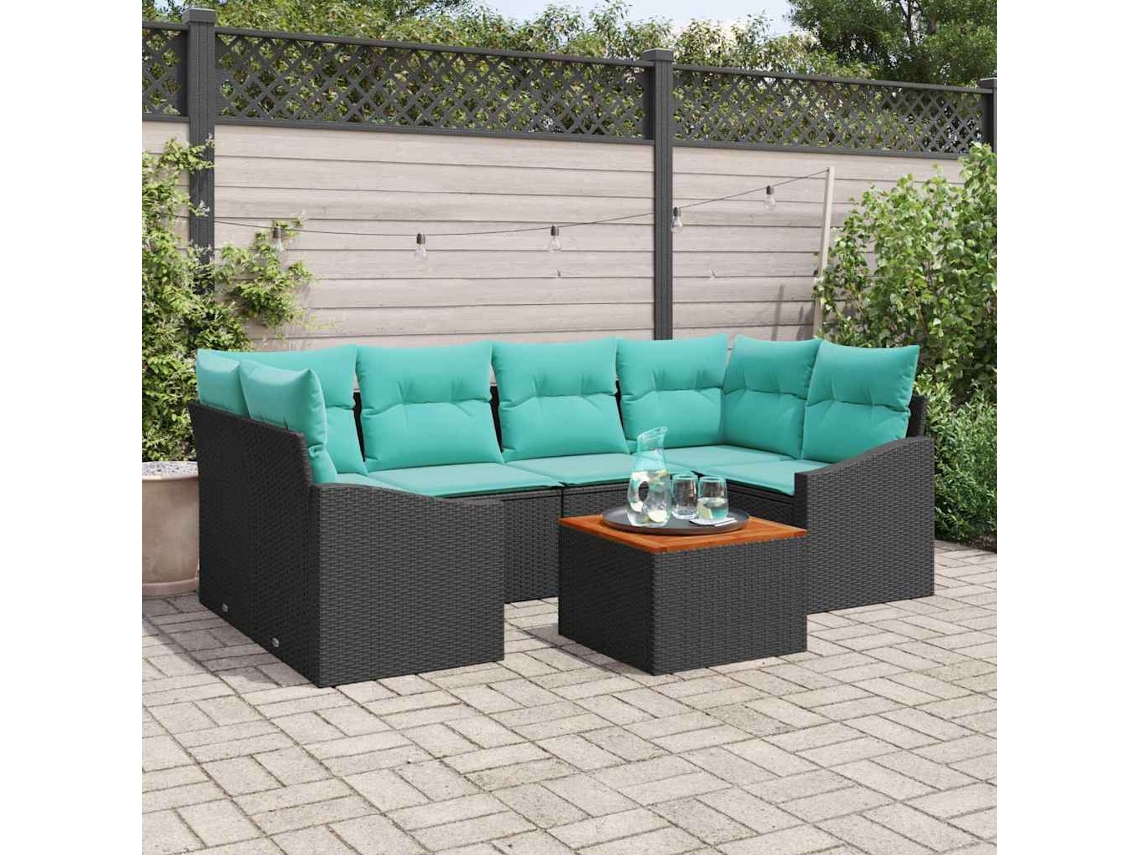 Vidaxl Conjunto De Sofá De Jardim Com Almofada 7 Pcs Preto Vime Pe