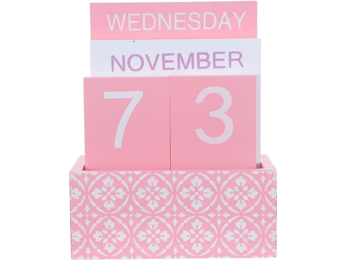 Calendário Perpétuo de Mesa com Design Vintage, em Madeira, Mecanismo Giratório Manual, Rosa, para Escritório