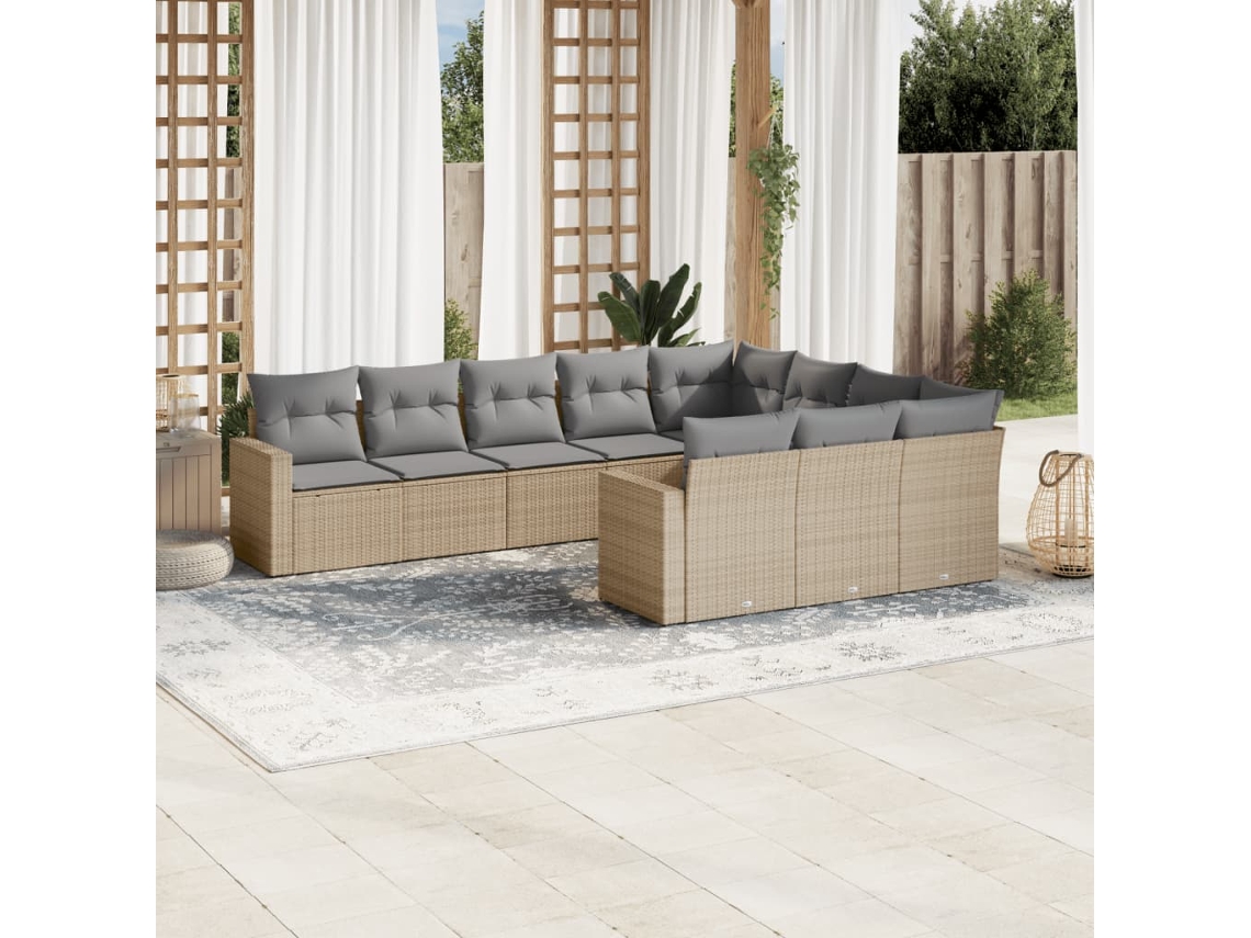 Vidaxl 10 Pcs Conjunto De Sofás P/ Jardim Com Almofadões Vime Pe Bege