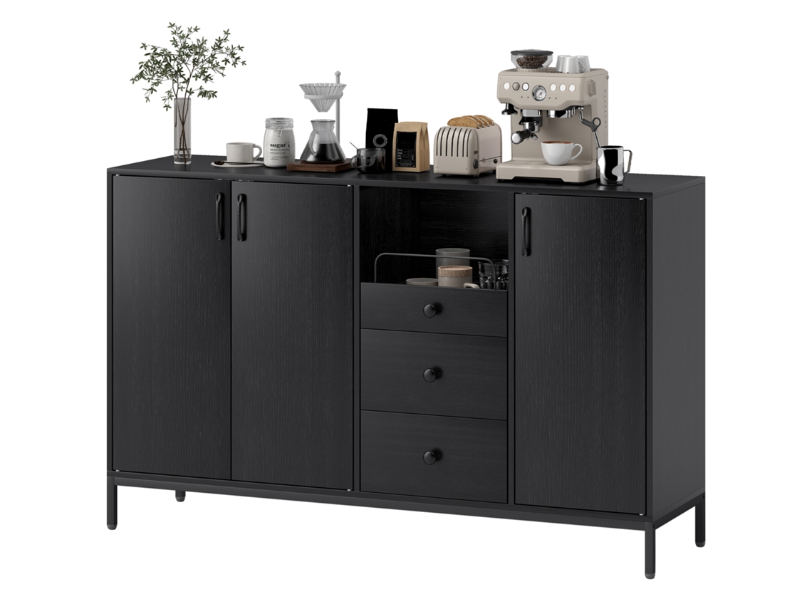 Aparador Com 3 Portas E 3 Gavetas Prateleiras Ajustáveis Para Cozinha, Entrada Sala De Jantar Quarto 143,5x40x90 Cm Preto