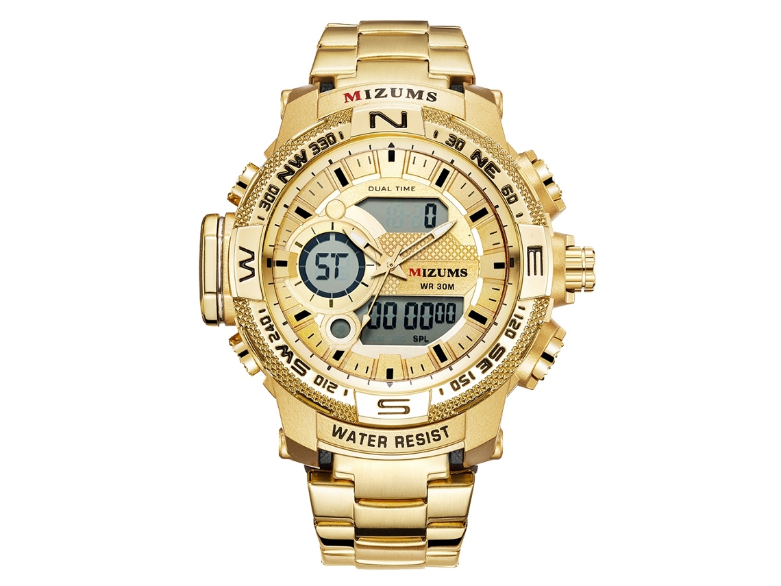Relógio esportivo masculino eletrônico de quartzo com pulseira de aço inoxidável (dourado)