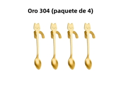 Conjunto de 4 Peças em Dourado. Colheres de Café em Aço Inoxidável 304 com Formato de Gato e Minhoca, Banhadas a Platina e com Borda para Mexer. MDUG