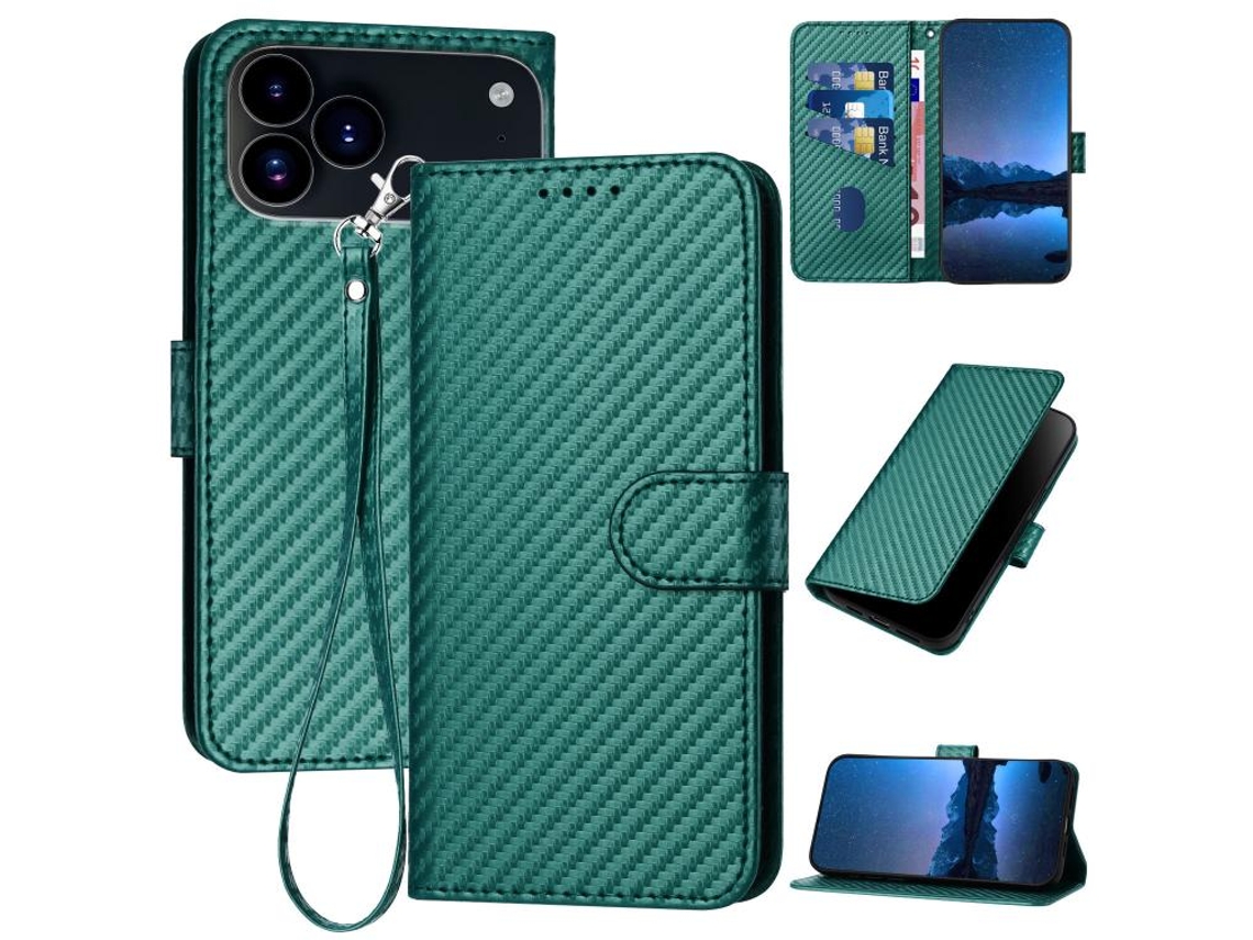 Capa De Couro Para Iphone 17 Pro - Fivela Em Fibra De Carbono - Com Cordão