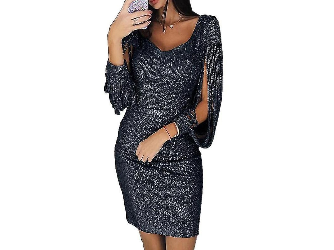 Vestido De Sequin Mujer Glitter Sexy Cuello V Profundo Mangas Largas Tassel Corto Encima De Rodilla S Negro