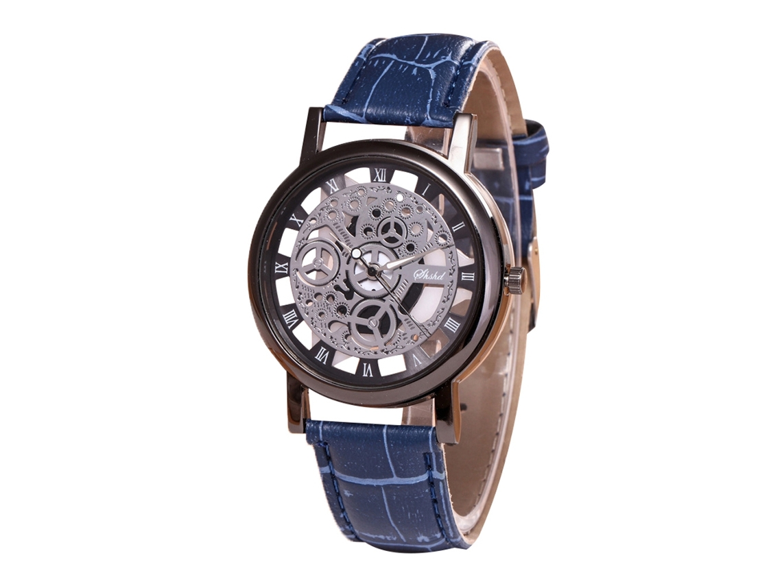Reloj De Muñeca Electrónico Con Movimiento Hueco Cuero Pu Para Hombre Y Mujer Color Titanio Azul