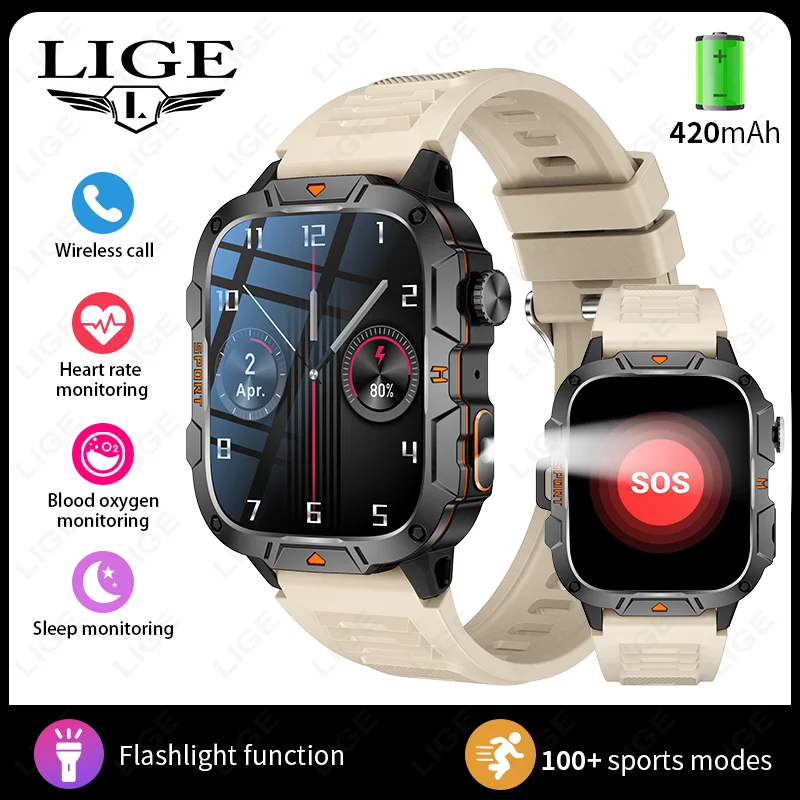 Smartwatch de Nível Militar com Tela Sensível Ao Toque Hd de 1,96 Polegadas e Chamadas de Voz Via Bluetooth. MDUG (bege Silício)