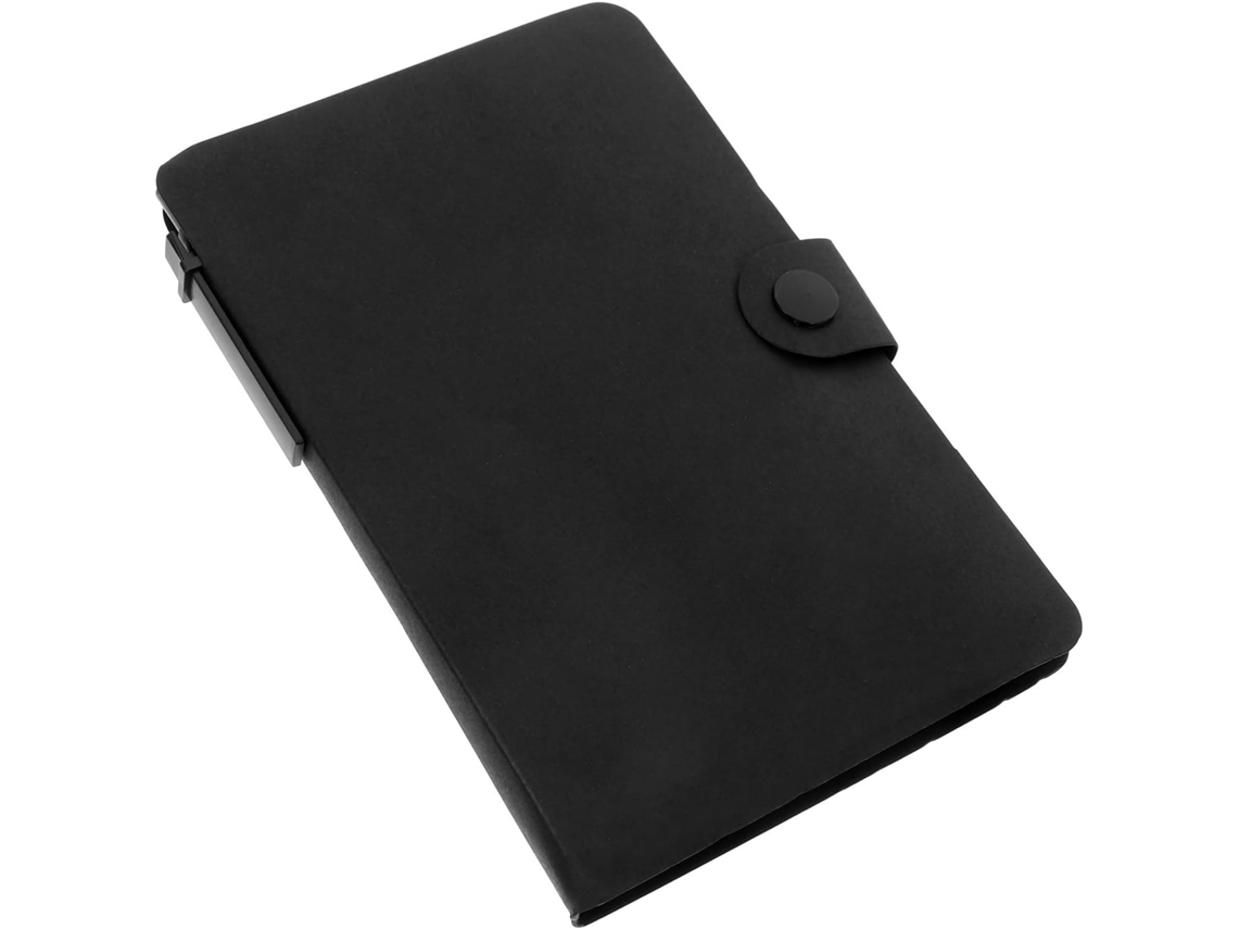 Caderno espiral com caneta, preto, com abas, bolsos internos, compacto e leve.