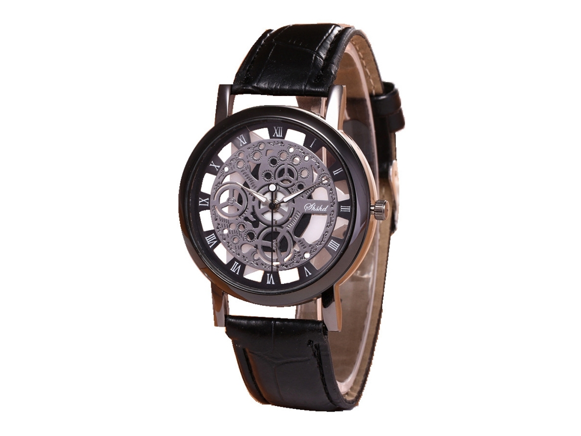 Relógio eletrônico Hollow Wind com pulseira de couro PU para homens e mulheres (cor preta + titânio)