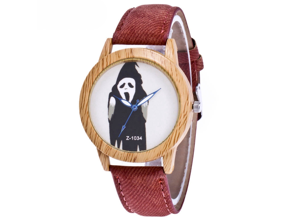 Relógio de quartzo em liga metálica com textura de madeira imitando o Halloween da Zhoulianfa (marrom escuro)